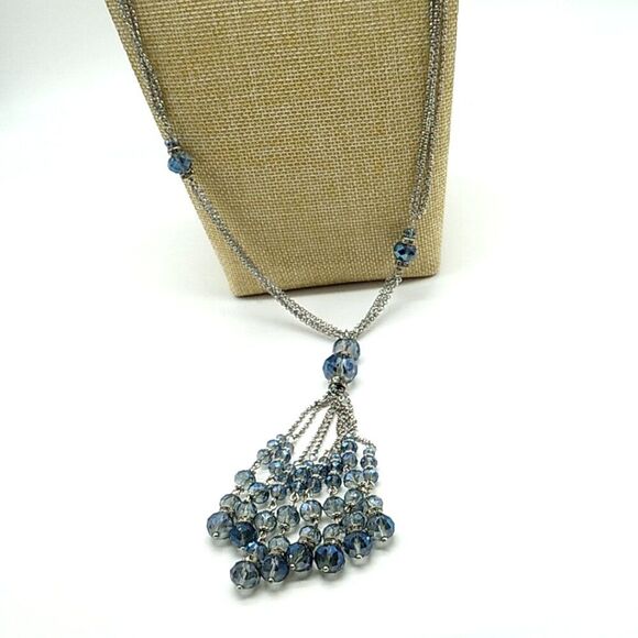 Multi-Chain Tassel Necklace Silver-tone with Faceted Sapphire Glass Beads NWOT - Picture 4 of 13